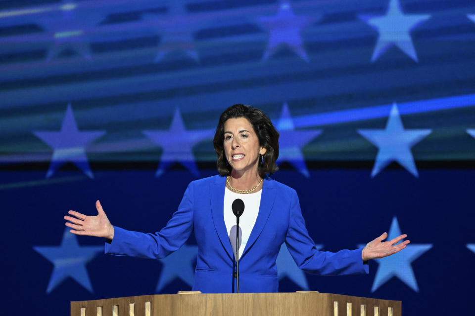 U.S. Secretary of Commerce Gina Raimondo speaks on the first day of the Democratic National Convention (DNC) at the United Center in Chicago, Illinois, August 19, 2024. Vice President Kamala Harris will formally accept the party's nomination for president at the DNC, which will be held in Chicago from August 19-22. (Photo by Mandel NGAN / AFP) (Photo by MANDEL NGAN/AFP via Getty Images)