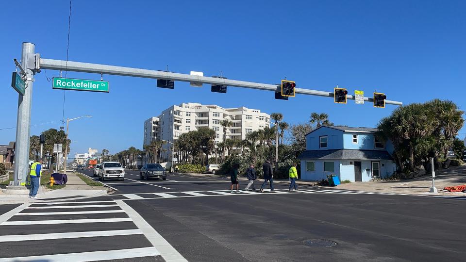 Intersection of State Road A1A and Rockefeller Drive in Ormond Beach, where the Florida Department of Transportation installed a pedestrian hybrid beacon device, which signals drivers to slow down and then stop for pedestrians.