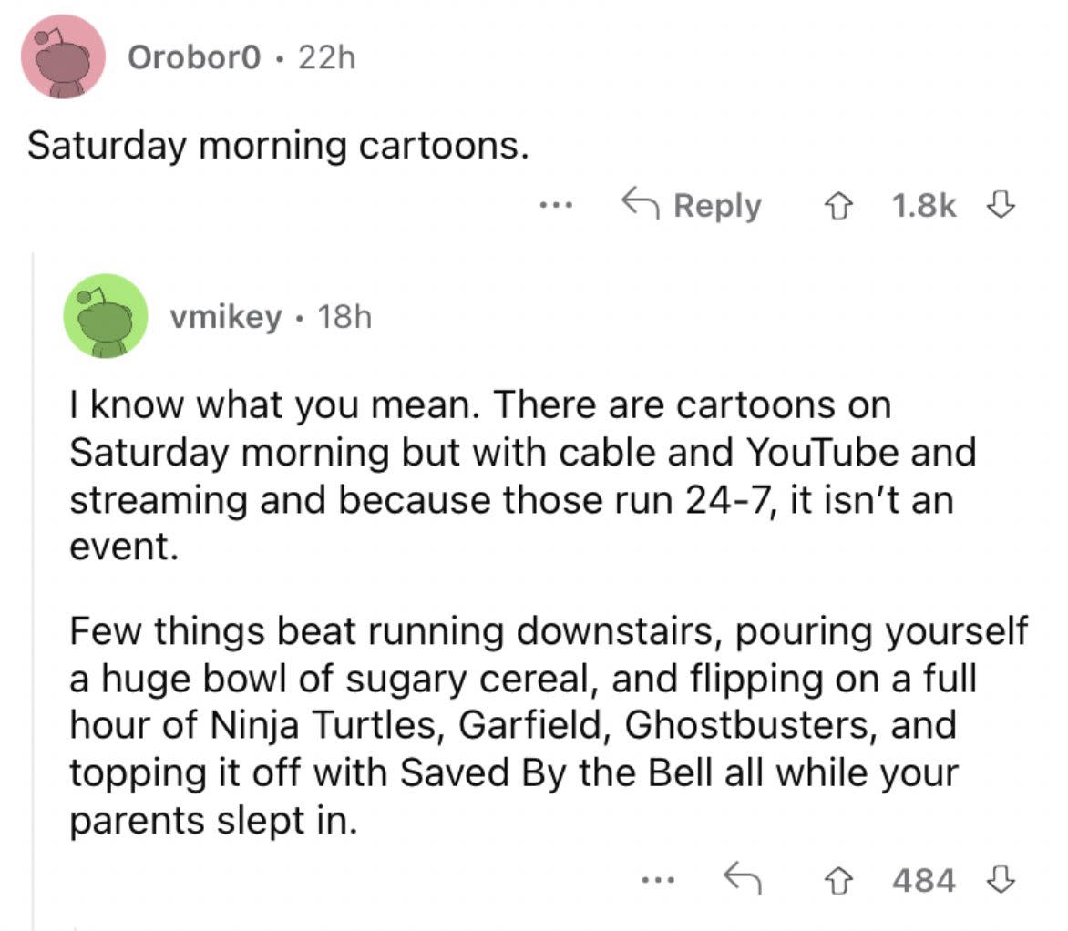 Reddit screenshot about how folks used to watch Saturday morning cartoons.