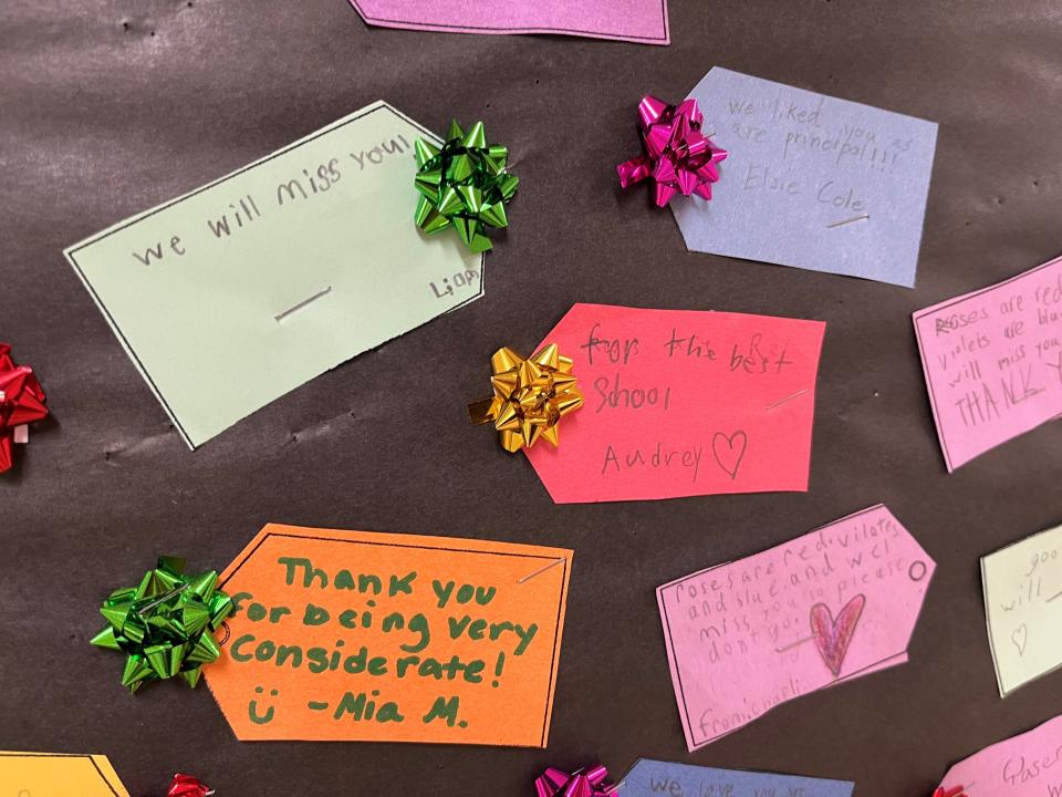 A sampling of the well wishes written by Bearden Elementary students to retiring principal Susan Dunlap on a hallway bulletin board. May 9, 2023.