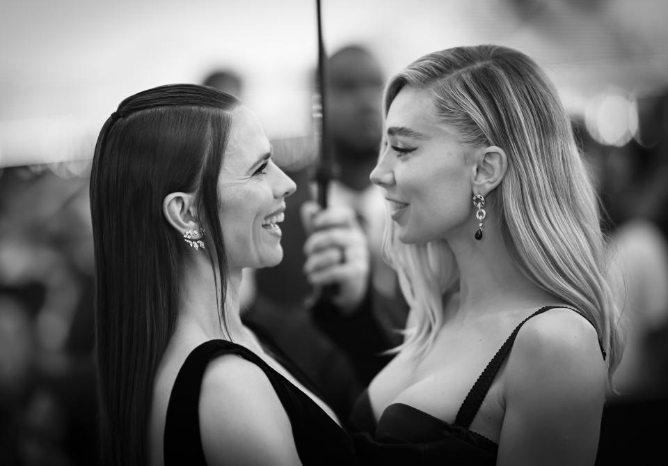 LONDON, ENGLAND - JUNE 22: (EDITORS NOTE: Image has been converted to black and white) Hayley Atwell and Vanessa Kirby attend the UK Premiere of 