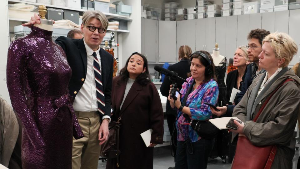 Andrew Bolton and reporters <em>at </em><em>the Spring 2024 Costume Institute exhibition announcement</em><p>Photo: Dia Dipasupil/Getty Images</p>