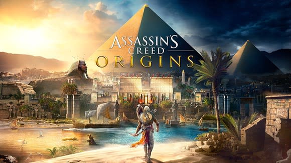 Game art of Assassin's Creed video game depicting an ancient Egyptian landscape.