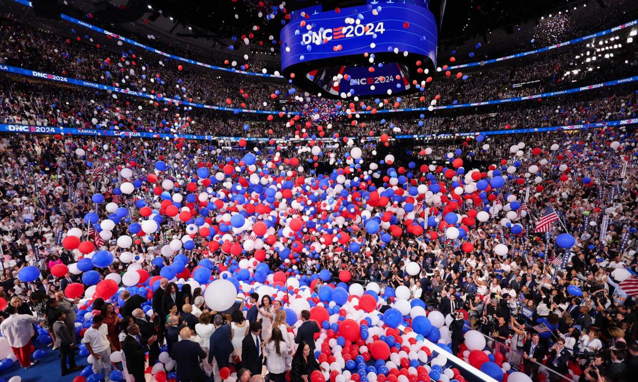 <span>Balloons fall after Kamala Harris concluded her remarks on Thursday, the fourth and last day of the Democratic national convention in Chicago, Illinois.</span><span>Photograph: Mike Segar/AFP/Getty Images</span>