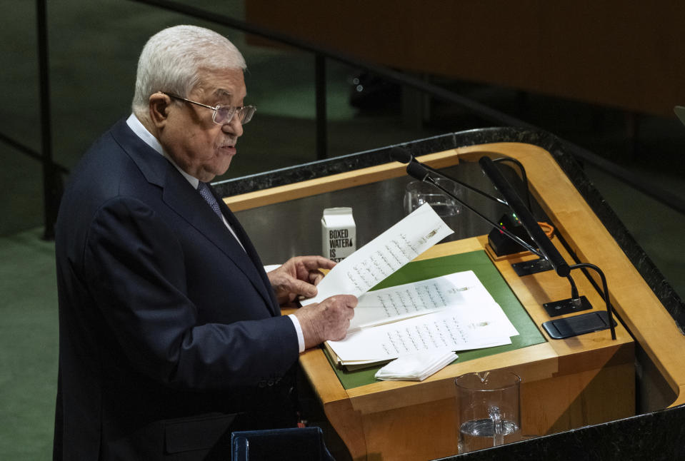 Palestinian President Mahmoud Abbas addresses the 78th session of the United Nations General Assembly, Thursday, Sept. 21, 2023. (AP Photo/Craig Ruttle)
