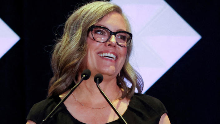 Democratic candidate for Governor of Arizona Katie Hobbs reacts at a 2022 U.S. midterm elections night party in Phoenix, Arizona, U.S., November 8, 2022. (Jim Urquhart/Reuters)