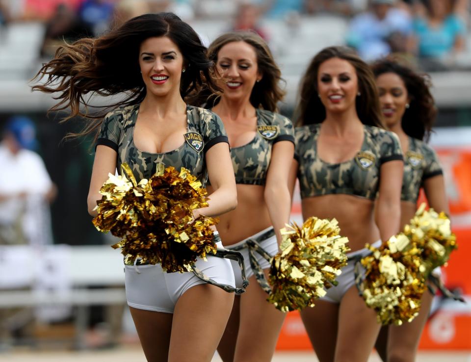 <p>Jacksonville Jaguars cheerleaders during the game against the Houston Texans at EverBank Field on November 13, 2016 in Jacksonville, Florida. (Photo by Sam Greenwood/Getty Images) </p>