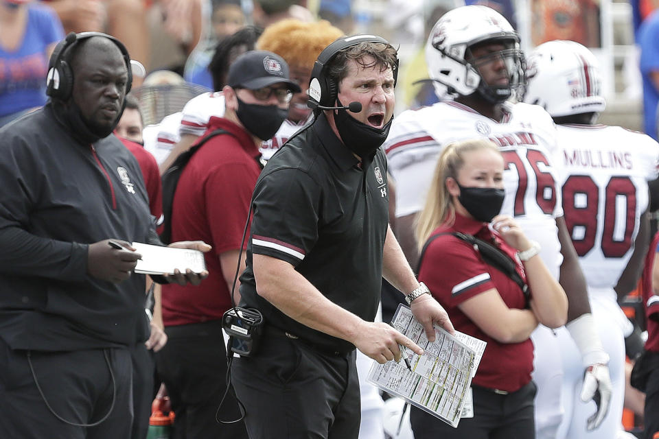 South Carolina head coach Will Muschamp yells to a referee during an NCAA college football game against Florida in Gainesville, Fla., Saturday, Oct. 3, 2020. (Brad McClenny/The Gainesville Sun via AP, Pool)