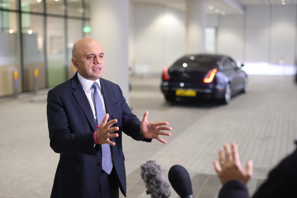 Health Secretary Sajid Javid talks to the media after a visit to University College Hospital in London to mark World Cancer Day. Picture date: Friday February 4, 2022.