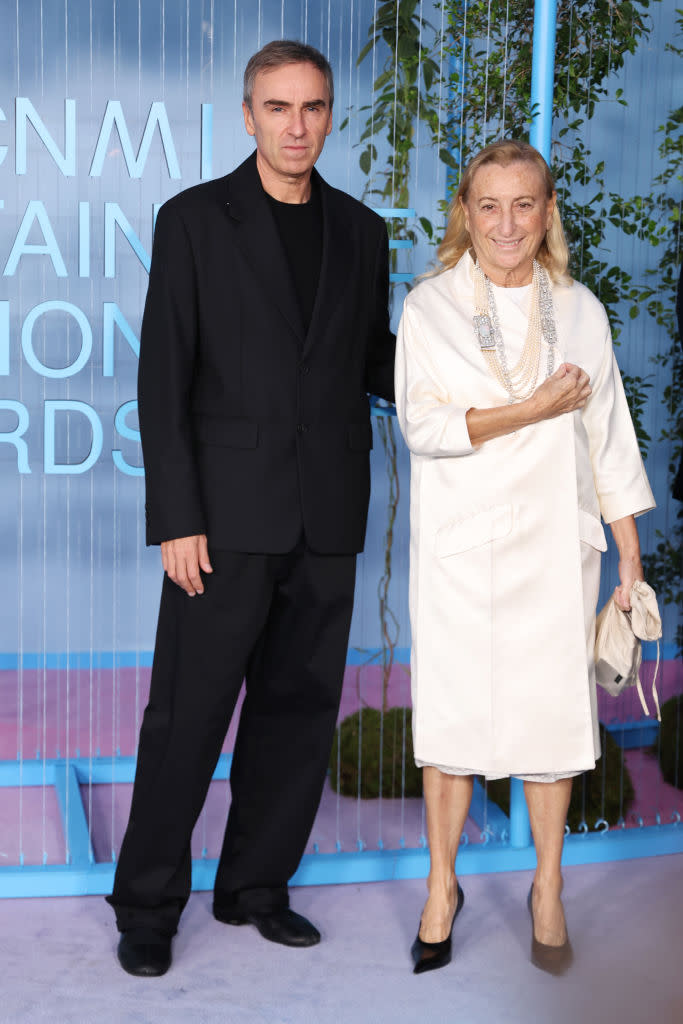 MILAN, ITALY - SEPTEMBER 25: Raf Simons and Miuccia Prada attend the CNMI Sustainable Fashion Awards 2022 pink carpet during the Milan Fashion Week Womenswear Spring/Summer 2023 on September 25, 2022 in Milan, Italy. (Photo by Vittorio Zunino Celotto/Getty Images)