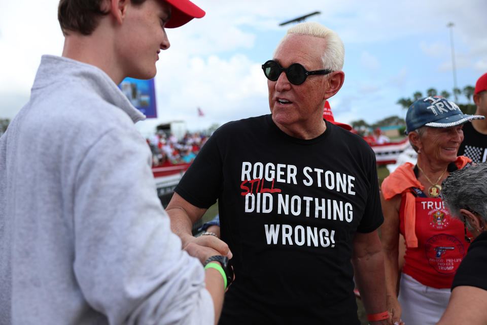 Roger Stone greets people before former U.S. President Donald Trump and Sen. Marco Rubio (R-FL) take the stage to headline a rally at the Miami-Dade County Fair and Exposition on November 6, 2022 in Miami, Florida. (Joe Raedle/Getty Images)