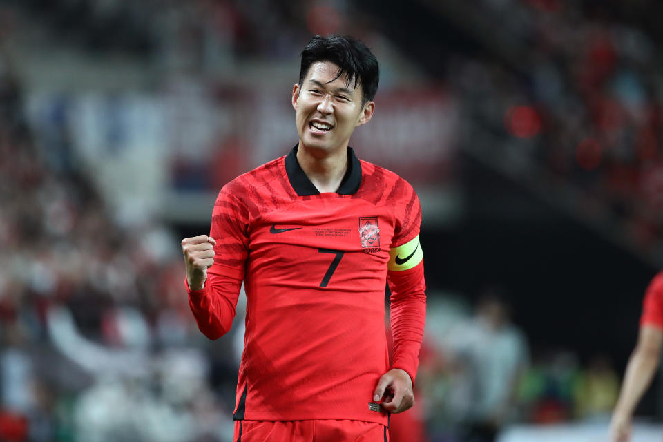 SEOUL, SOUTH KOREA - SEPTEMBER 27: Son Heung-Min of South Korea celebrates after scoring his team's first goal during the South Korea v Cameroon - International friendly match at Seoul World Cup Stadium on September 27, 2022 in Seoul, South Korea. (Photo by Chung Sung-Jun/Getty Images)