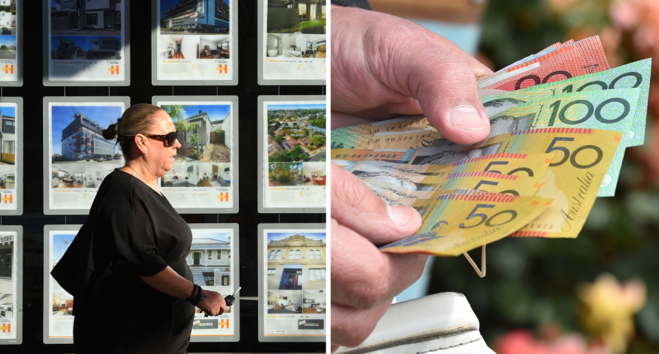 Person walking outside a real estate building next to person holding wads of cash