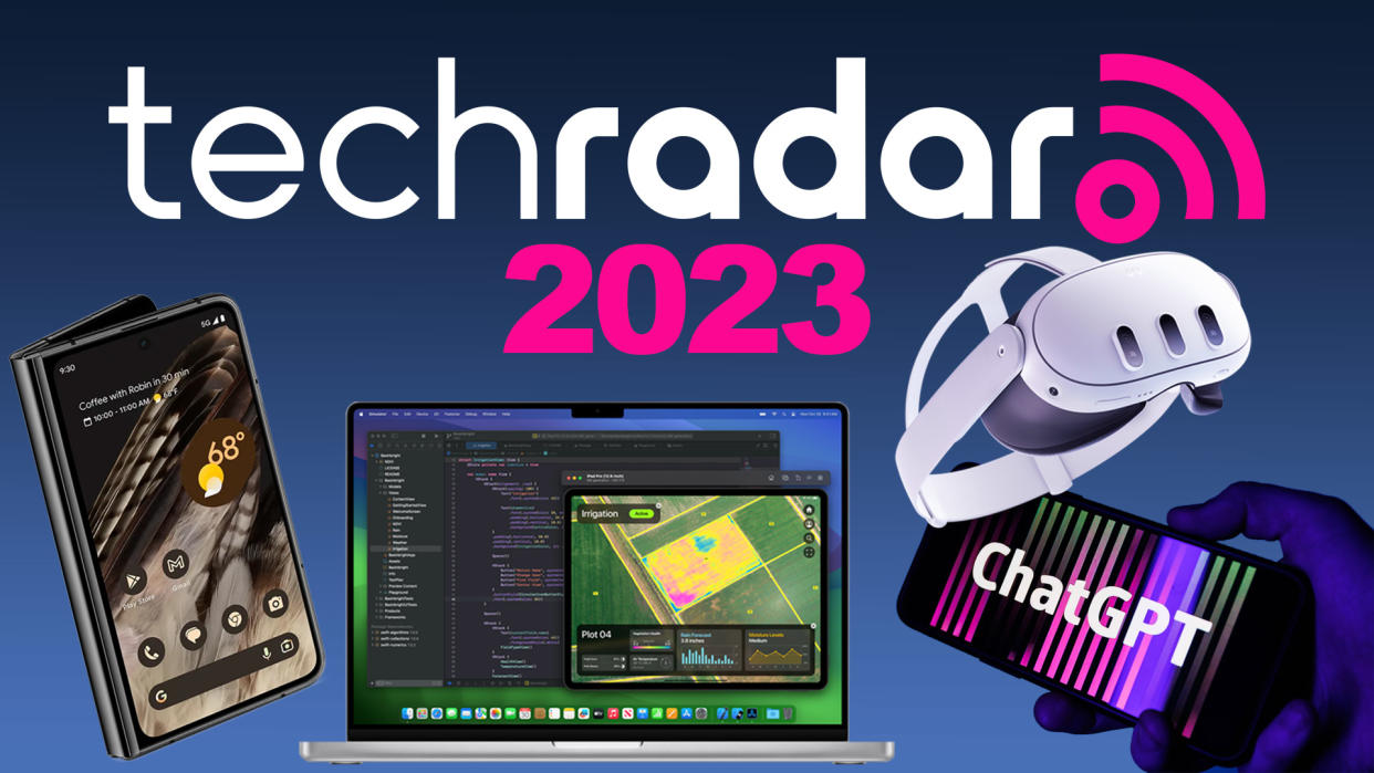  Google Pixel Fold, Apple MacBook Pro 16 M3, Meta Quest 3, ChatGPT on a phone, plus the TechRadar logo on a blue background around the number 2023. 