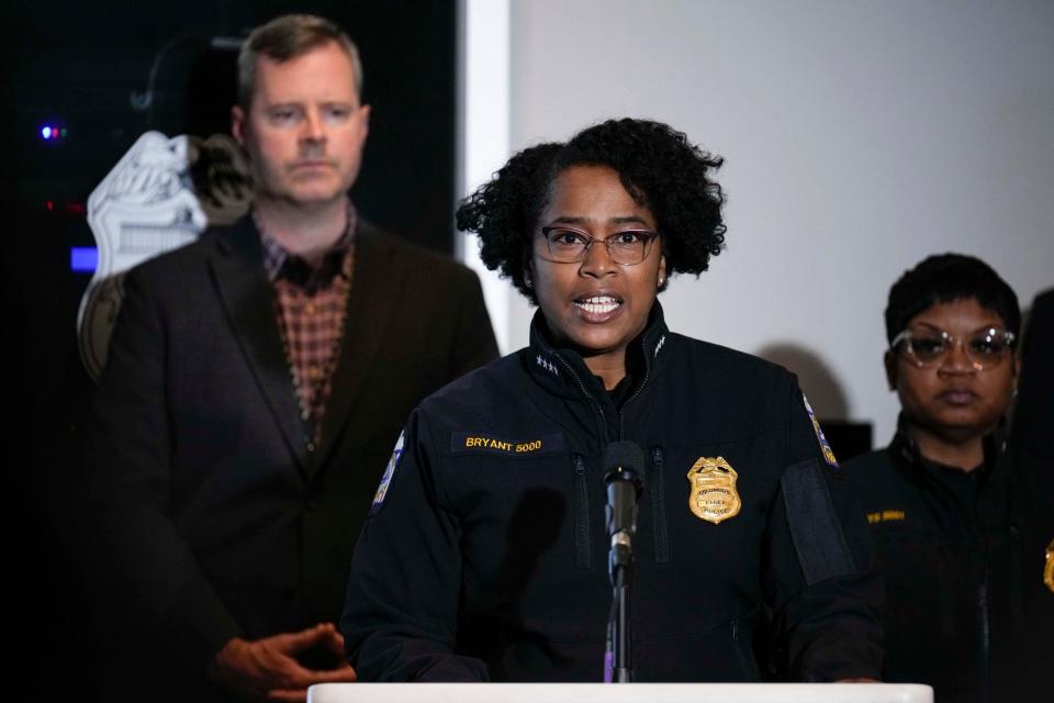 Columbus police Chief Elaine Bryant speaks during a press conference late Thursday afternoon where it was announced that police in Indiana had arrested Nalah T. Jackson, the 24-year-old charged with the abduction of 5-month-old Columbus twins Kason and Kyair Thomas on Monday night.