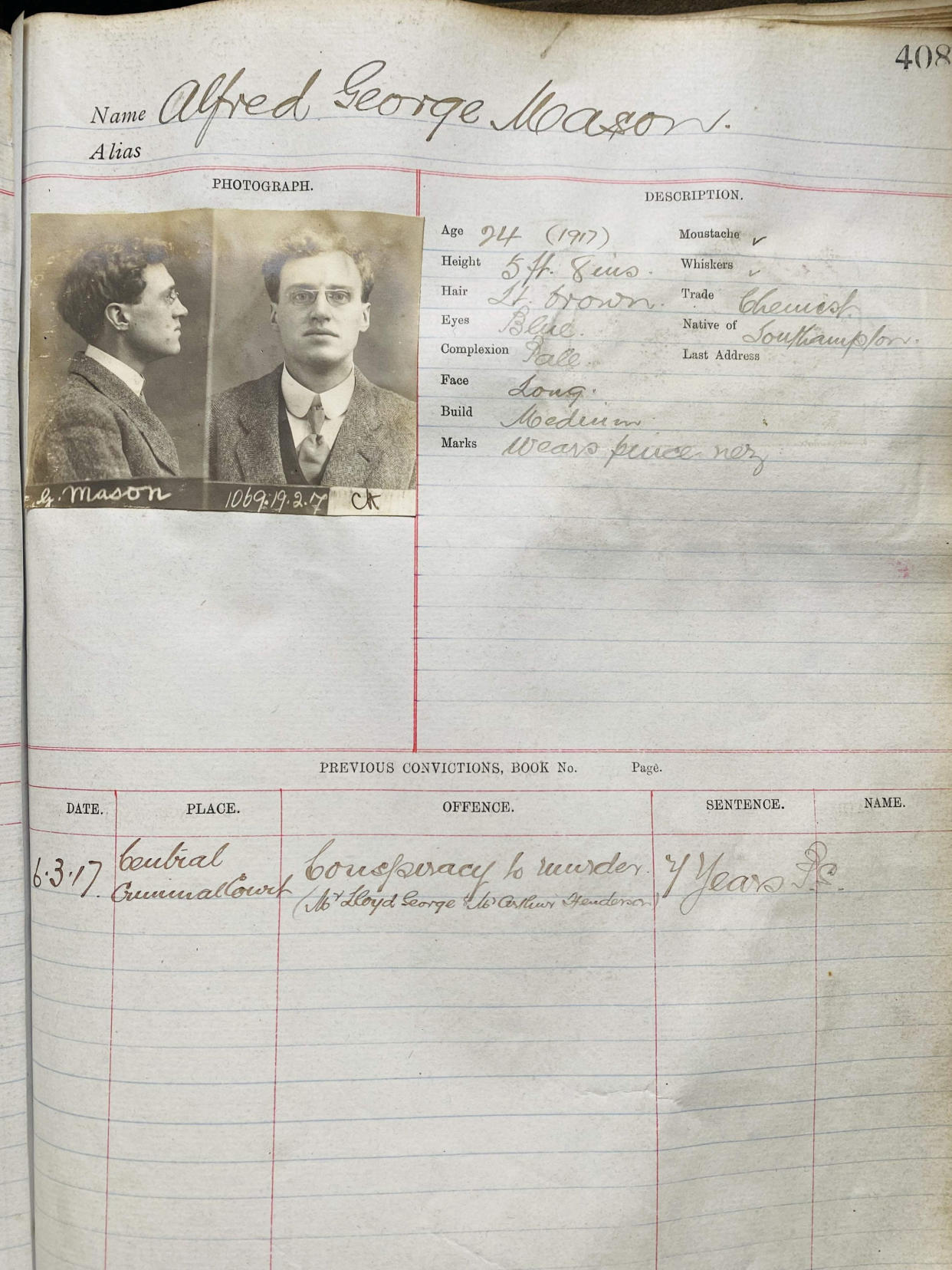 Alfred George Mason of Southampton arrested for conspiracy to murder PM Lloyd George. (SWNS)