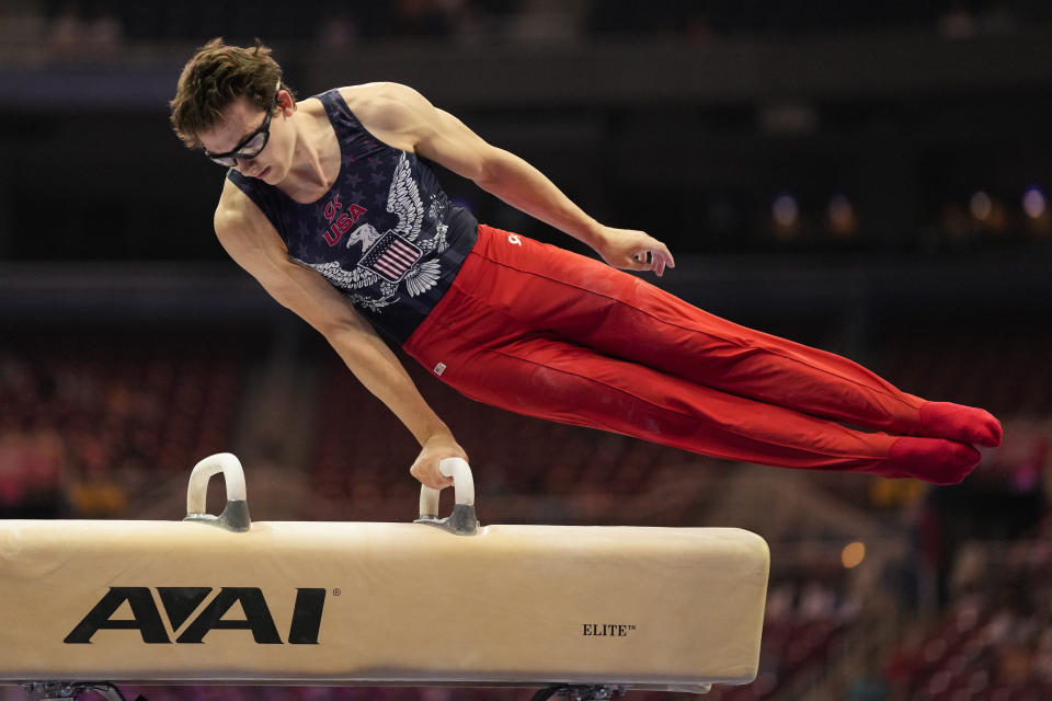 Stephen Nedoros competes on the pommel horse during the men's U.S. Olympic Gymnastics Trials Thursday, June 24, 2021, in St. Louis. (AP Photo/Jeff Roberson)