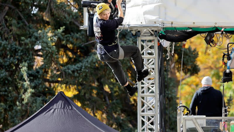 Crews set up for ESPN’s “College GameDay” show at the University of Utah in Salt Lake City on Thursday, Oct. 26, 2023. ”College GameDay” has activities on Friday and Saturday.