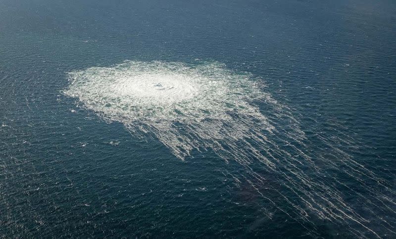 FILE PHOTO: Gas bubbles from the Nord Stream 2 leak reaching surface of the Baltic sea in the area shows disturbance of well over one kilometre diameter near Bornholm