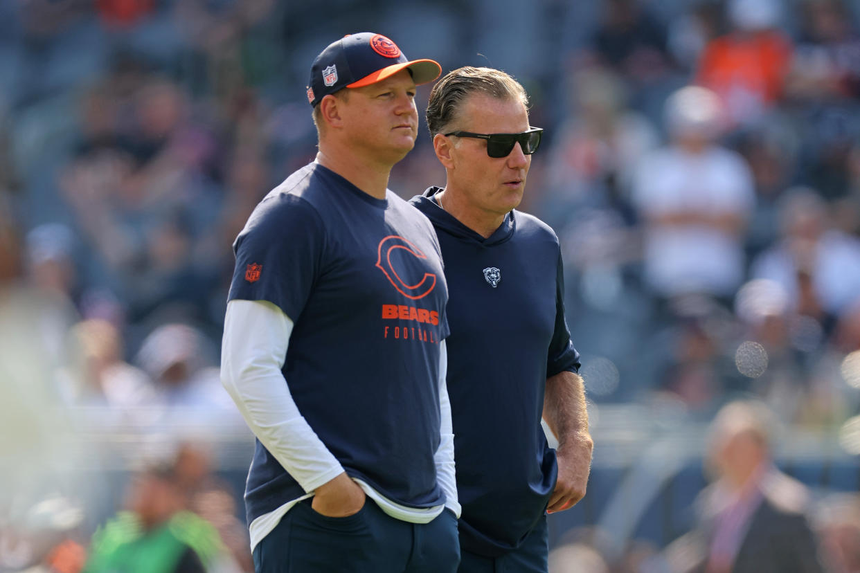 CHICAGO, ILLINOIS - SEPTEMBER 10:  Offensive coordinator Luke Getsy and head coach Matt Eberflus of the Chicago Bears looks on during warmups prior to the game against the Green Bay Packers at Soldier Field on September 10, 2023 in Chicago, Illinois. (Photo by Michael Reaves/Getty Images)
