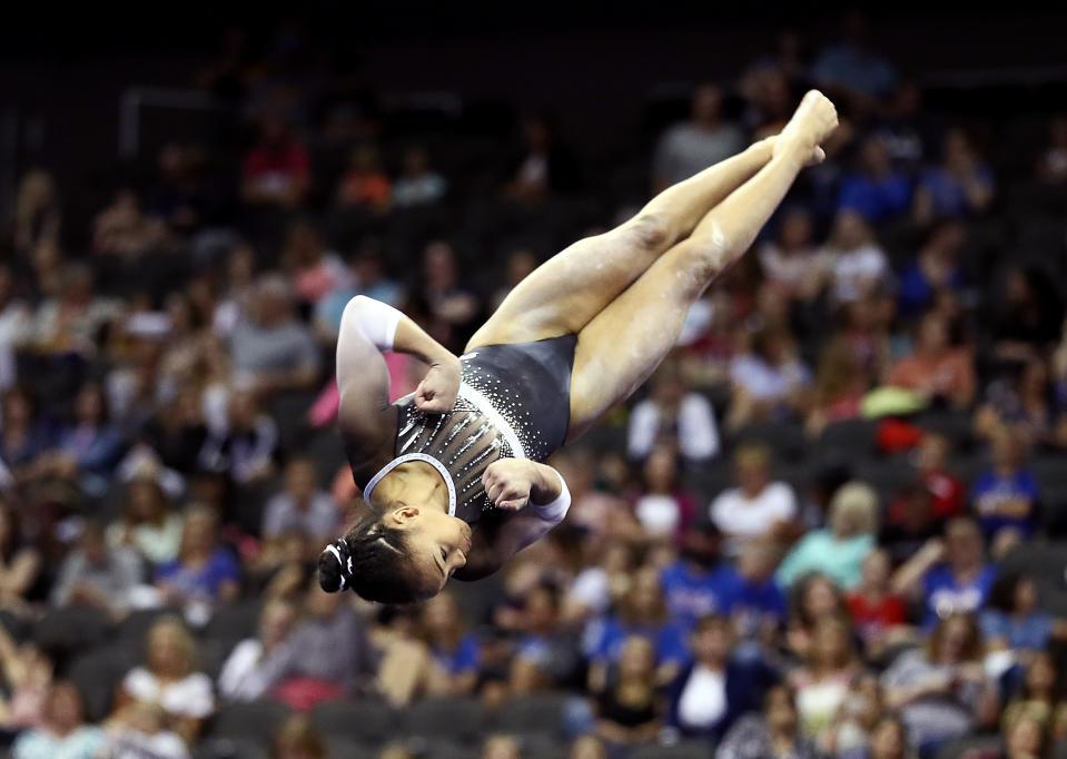 KANSAS CITY, MISSOURI - AUGUST 11:  Konnor McClain competes on floor exercise during the Women's Junior competition of the 2019 U.S. Gymnastics Championships at the Sprint Center on August 11, 2019 in Kansas City, Missouri. (Photo by Jamie Squire/Getty Images)