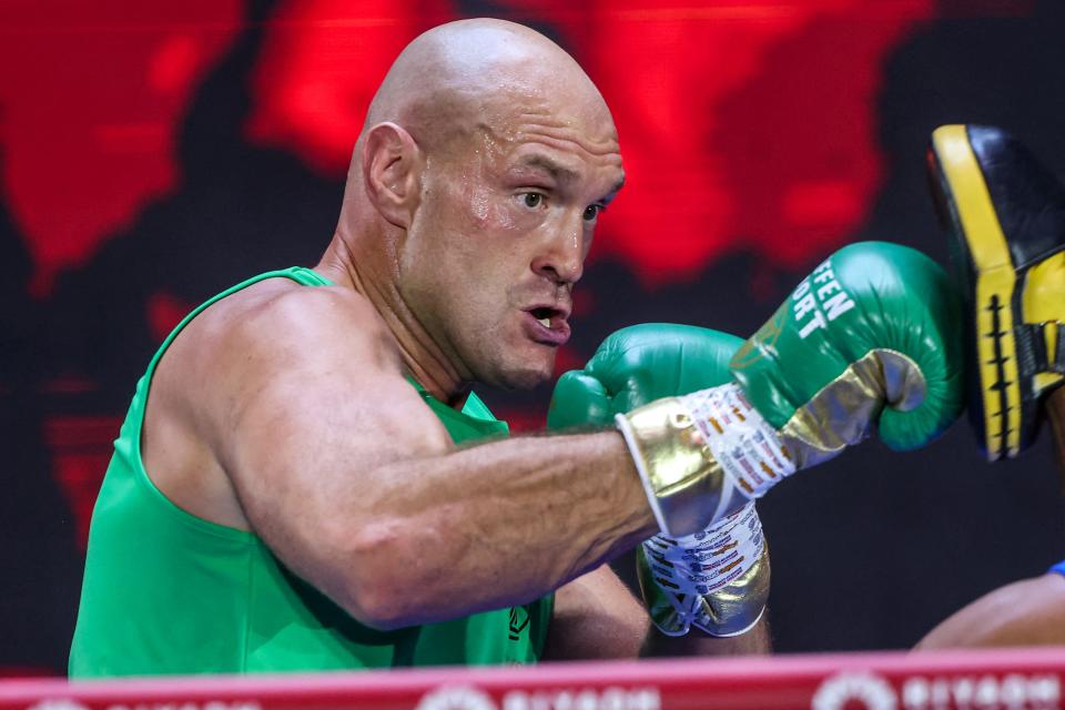 Tyson Fury trains in Riyadh on May 15, 2024, ahead of his undisputed heavyweight world boxing championship fight against Oleksandr Usyk.