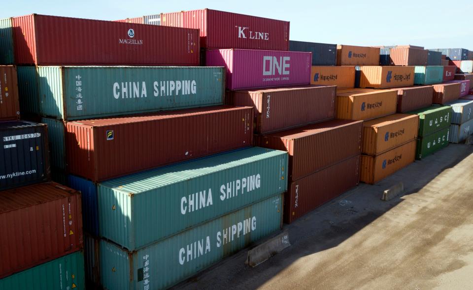 China Shipping Co. containers at a terminal in Portsmouth, Virginia, on May 10, 2019.