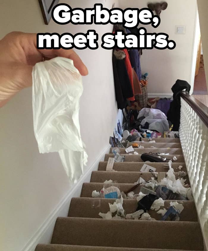 Garbage from a split bag all over a staircase in a house