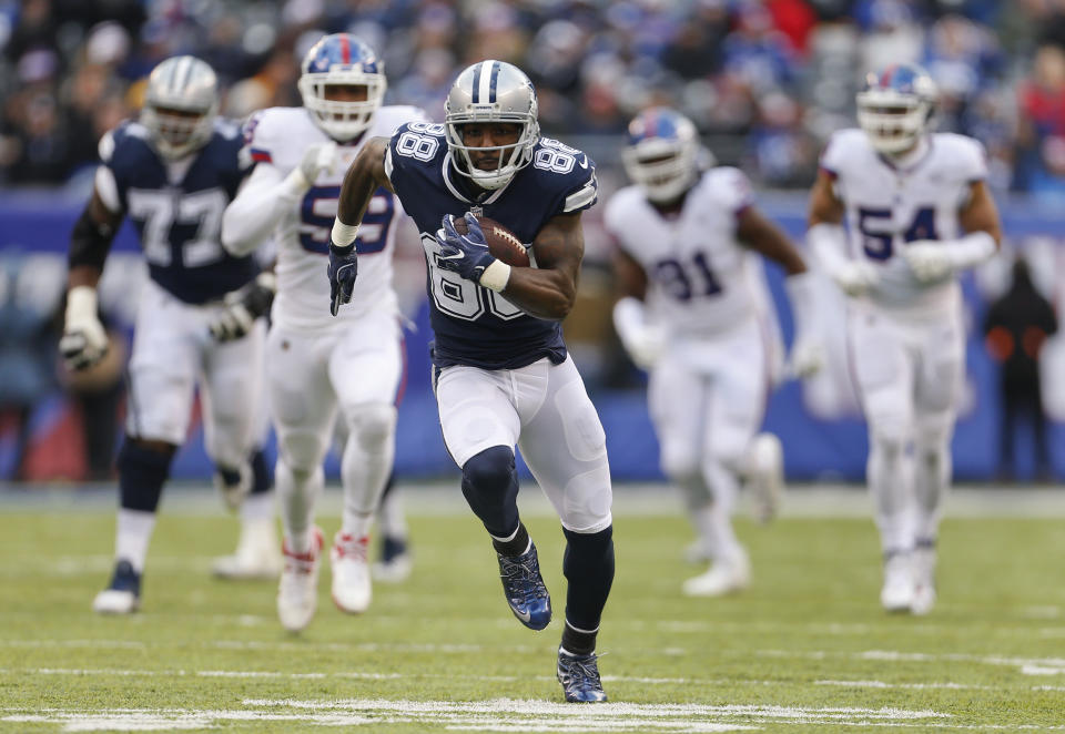 FILE - In this Dec. 10, 2017, file photo, Dallas Cowboys wide receiver Dez Bryant (88) runs for a touchdown against the New York Giants during the second quarter of an NFL football game in East Rutherford, N.J. A person familiar with the situation says free-agent Dez Bryant and the New Orleans Saints have agreed on contract terms that will add the former Cowboys star to one of the NFL’s top offenses. The person spoke to The Associated Press on condition of anonymity on Wednesday, Nov. 7, 2018, because the roster move has not been announced. (AP Photo/Adam Hunger, File)