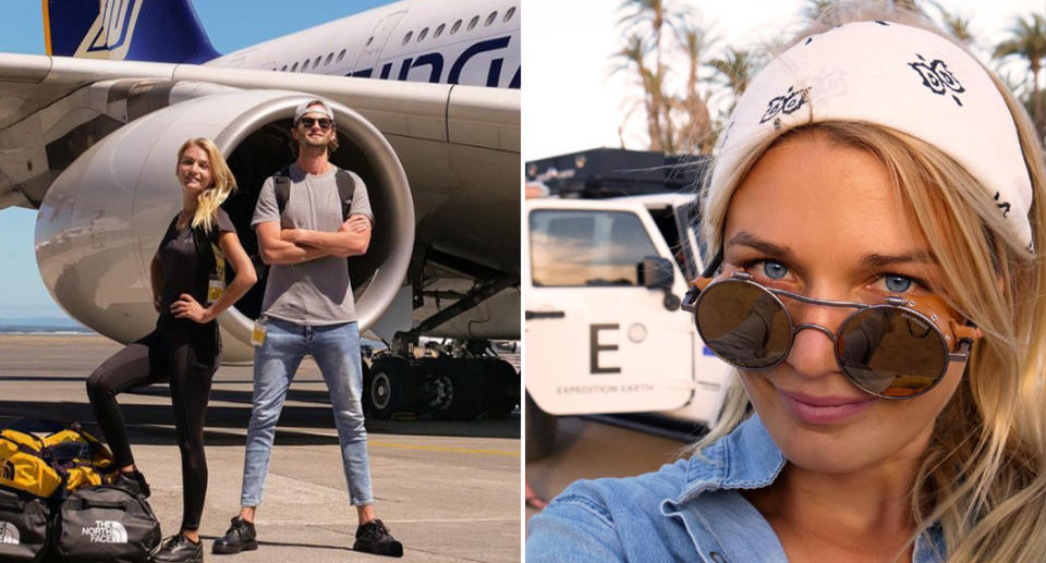 The couple standing in front of a plane and Ms Thackwray in a selfie.