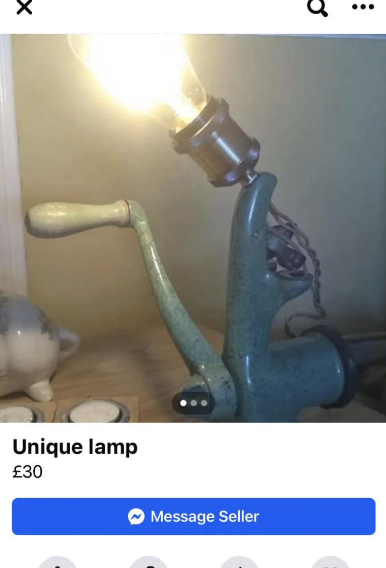 Facebook marketplace posting for a DIY lamp made out of a meat grinder