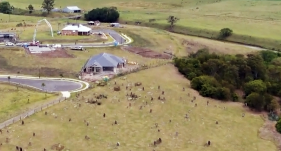 An aerial view of the property beside the cemetery. 