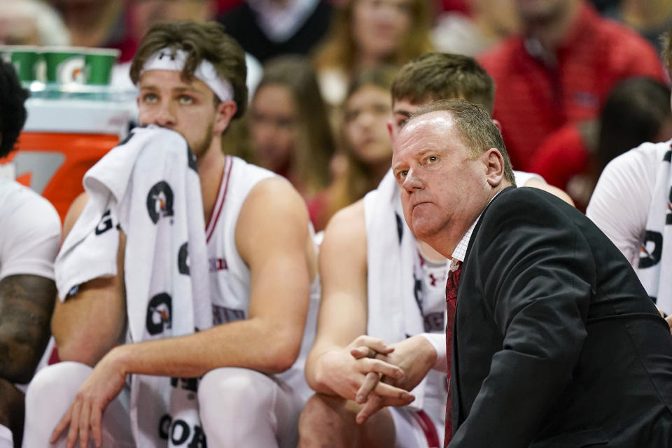 Wisconsin coach Greg Gard watches during the first half of the team's NCAA college basketball game against Indiana on Friday, Jan. 19, 2024, in Madison, Wis. (AP Photo/Andy Manis)