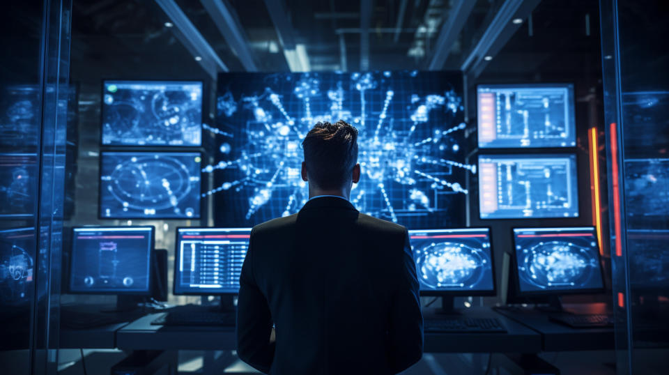 An engineer in front of a complex network security system, monitoring for potential threats.