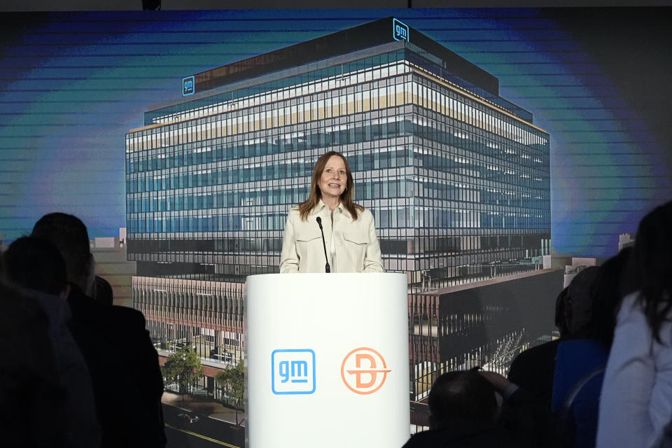 General Motors CEO Mary Barra addresses a news conference, Monday, April 15, 2024 in Detroit. GM plans to move its iconic Detroit headquarters to a new downtown office tower and redevelop its home office site. In addition, Bedrock, which owns multiple office buildings downtown, will join GM in studying redevelopment of the seven-building Renaissance Center now owned by GM. The new building is on the site of the old Hudson's department store in the heart of downtown. (AP Photo/Carlos Osorio)