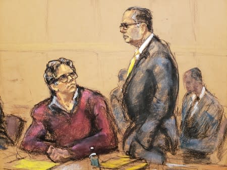 Defense attorney Marc Agnifolo speaks in this courtroom sketch in the trial of Nxivm leader Keith Raniere in U.S. Federal Court in Brooklyn