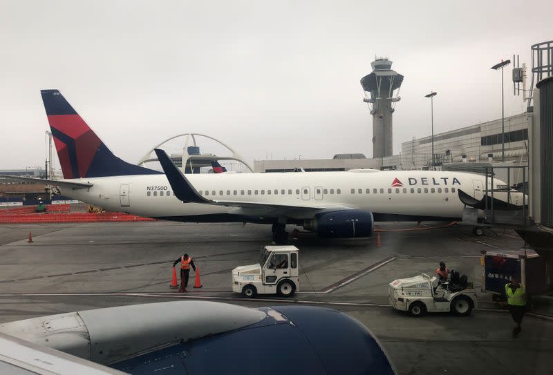 A Delta Air Lines Boeing 737 plane sits at the gate at LAX airport in Los Angeles