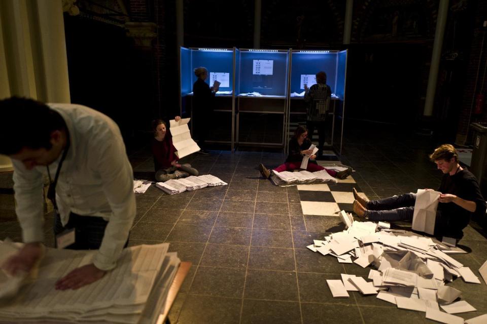 Election workers count ballot papers for the Dutch general election at a polling station set up in a church in Amsterdam, Netherlands, Wednesday, March 15, 2017. Amid unprecedented international attention, the Dutch people have voted Wednesday in a parliamentary election, testing the european ideal. (AP Photo/Muhammed Muheisen)