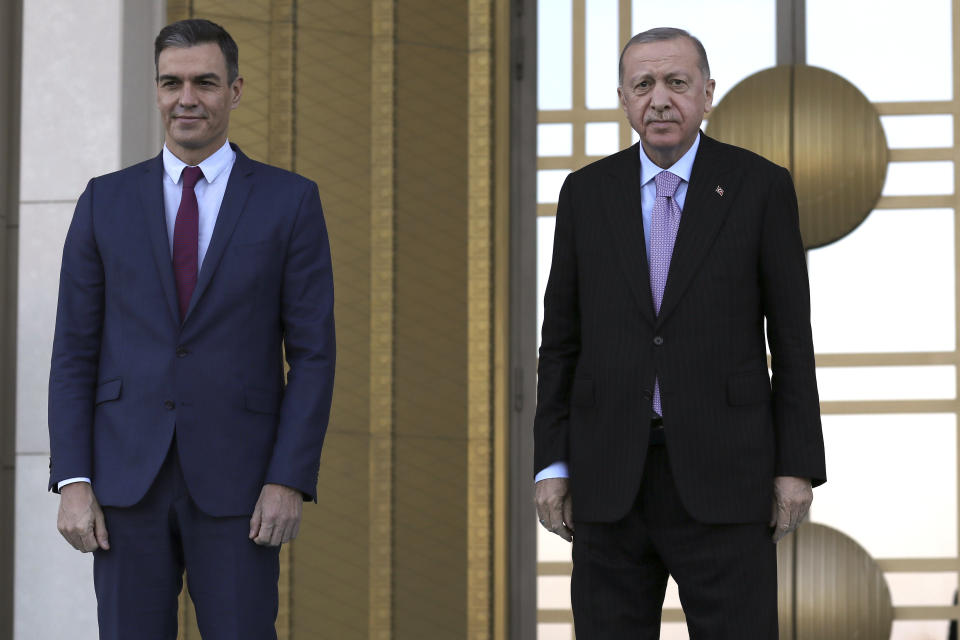 Turkey's President Recep Tayyip Erdogan, right, and Spanish Prime Minister Pedro Sanchez pose for photos during a welcoming ceremony at the presidential palace, in Ankara, Turkey, Wednesday, Nov. 17, 2021. (AP Photo/Burhan Ozbilici)