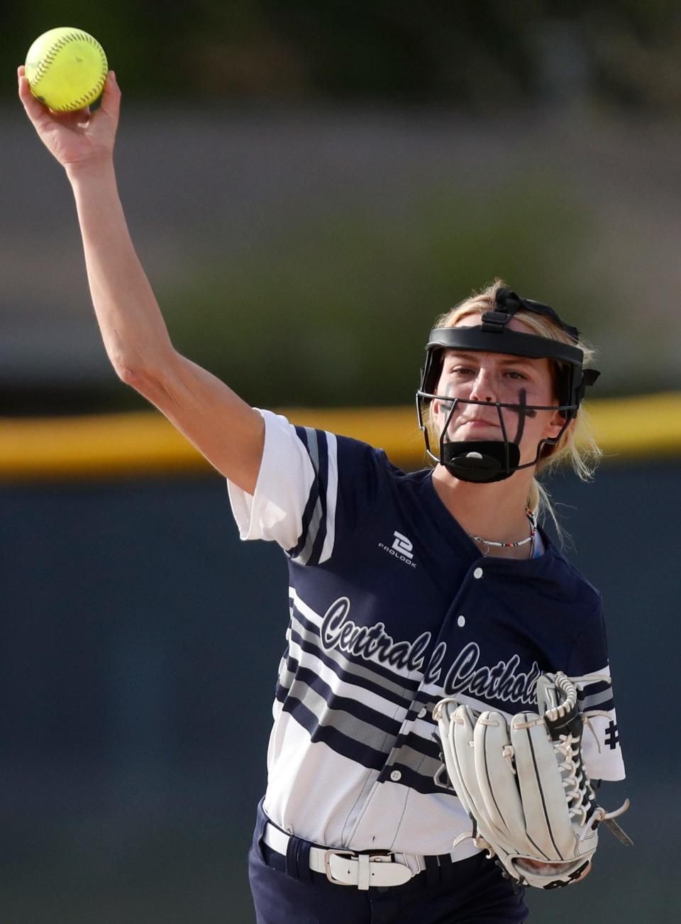 Central Catholic Knights Kendal Rider (00) throws the ball to first base during the IHSAA softball game against the McCutcheon Mavericks, Thursday, May 11, 2023, at Central Catholic High School in Lafayette, Ind. McCutcheon won 9-2.