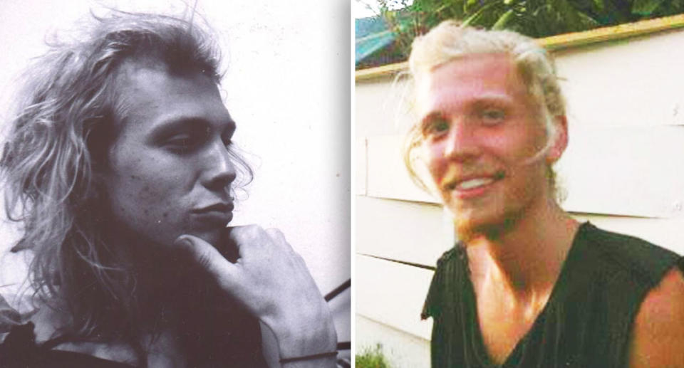 Max Castor pictured in two pictures, the first a black and white side profile showing his long hair and the second, a colour photo of Max smiling with stubble in a singlet. 