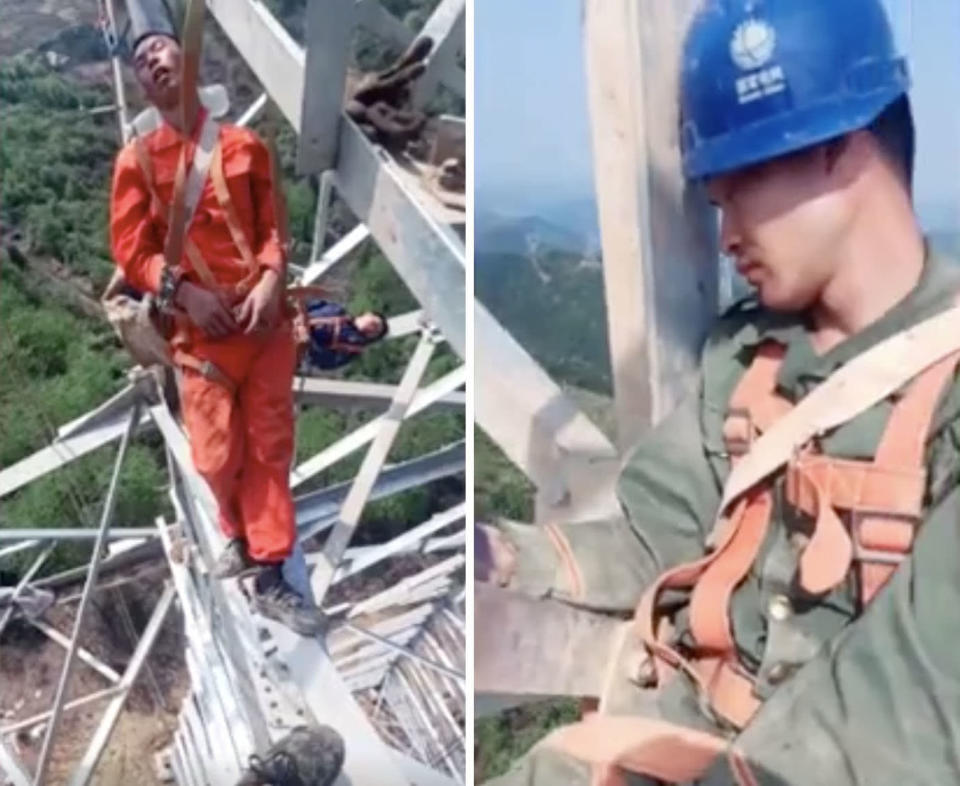 Chinese electrical workers have been filmed sleeping 50 metres from the ground. Source: Newsflare