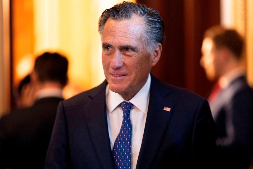 PHOTO: In this May 31, 2023, file photo, Sen. Mitt Romney leaves a Republican policy luncheon at the U.S. Capitol in Washington, D.C.  (Kevin Dietsch/Getty Images, FILE)