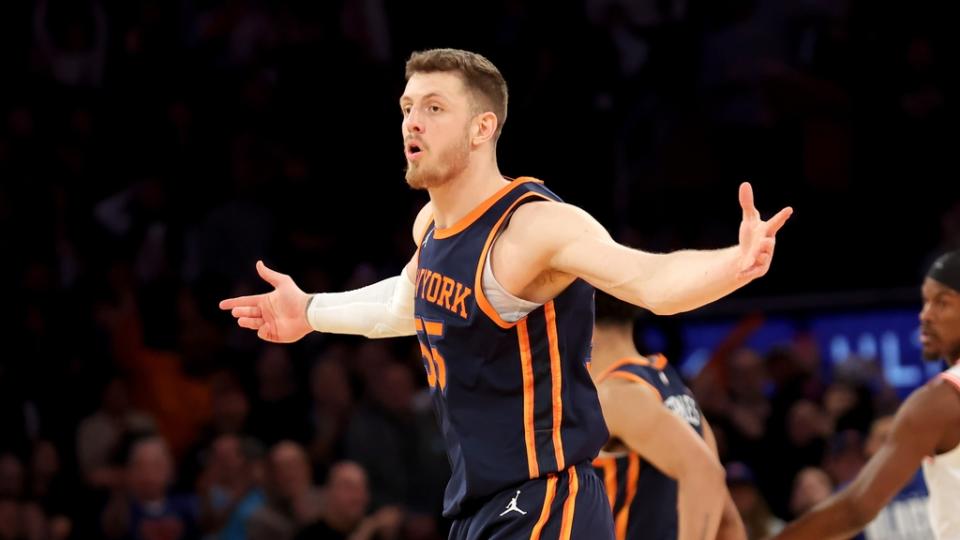 February 2, 2023;  New York, New York, USA;  New York Knicks center Isaiah Hartenstein (55) reacts during the fourth quarter against the Miami Heat at Madison Square Garden.  Mandatory Credit: Brad Penner-USA TODAY Sports