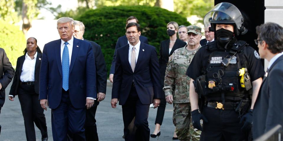 In this June 1, 2020, file photo President Donald Trump departs the White House to visit outside St. John's Church in Washington.