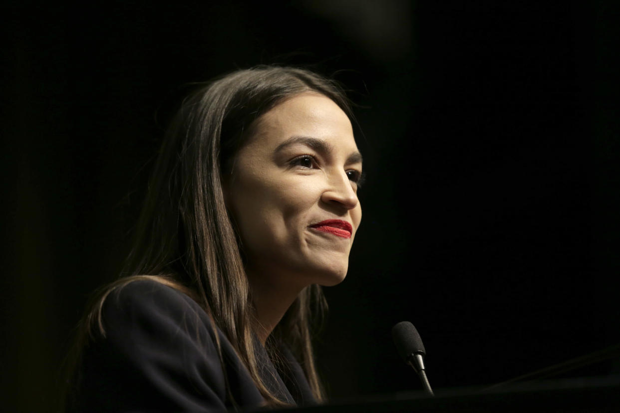 U.S. Rep. Alexandria Ocasio-Cortez, D-N.Y., speaks during the National Action Network Convention in New York, Friday, April 5, 2019. (AP Photo/Seth Wenig)