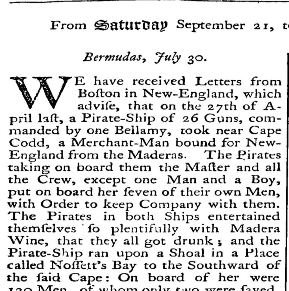 Screenshot of an excerpt from a column that appeared in the Sept. 21-24, 1717 London Gazette's issue 5575 reports on activities of Samuel Bellamy and his crew off Cape Cod.