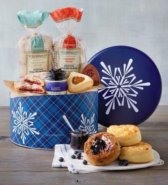 <p>harryanddavid.com</p><p><strong>$49.99</strong></p><p>Christmas morning will be all the sweeter with this festive tin of assorted pastries, English muffins, and preserves. This basket pairs perfectly with coffee or tea!</p>