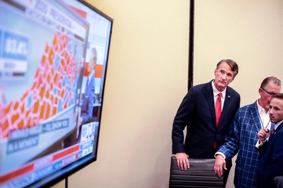 Virginia Republican gubernatorial candidate Glenn Youngkin and his staff watch results come in on election night at the Westfields Marriott Washington Dulles on Tuesday.