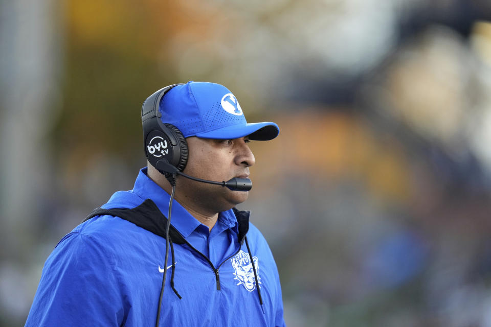 BYU head coach Kalani Sitak looks on in the first half of an NCAA college football game against Georgia Southern, Saturday, Nov. 20, 2021, in Statesboro, Ga. (AP Photo/Paul Abell)